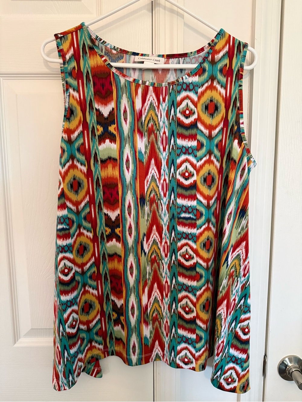 Coldwater Creek Multicolor Ikat-Print Sleeveless Tank — Red, Teal, Yellow, Cream